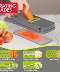 Person using All In One Vegetable Chopper And Mandoline Slicer Set 14 In 1 with sharp blades to slice carrot into container
