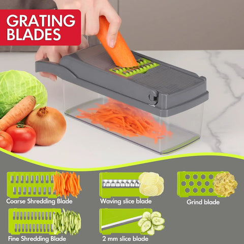 Person using All In One Vegetable Chopper And Mandoline Slicer Set 14 In 1 with sharp blades to slice carrot into container