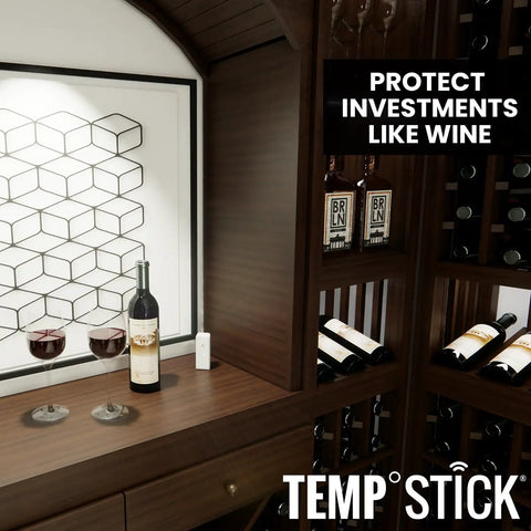 Remote WiFi Temperature And Humidity Sensor With Data Logger No Subscriptions in wine cellar with Temp Stick unit visible