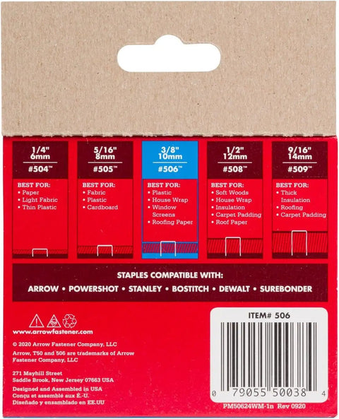 Back packaging of Heavy Duty Staples Built For Tough Jobs 3/8-Inch Leg, 3/8-Inch Crown, 1250-Pack showing compatibility and use