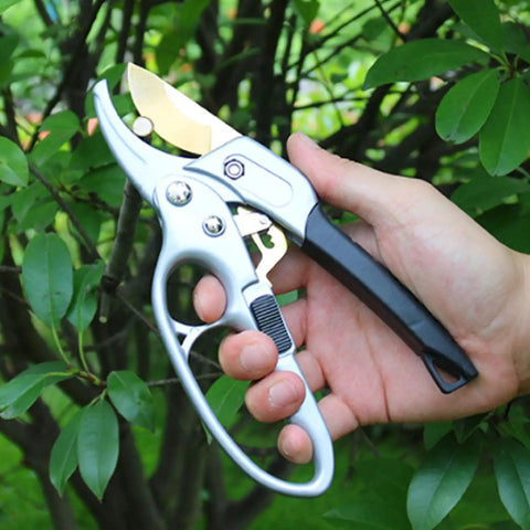 Ratcheting Garden Pruners For Easy Pruning Of Roses Flowers Hedges And Trees With Germany Titanium Blades in hand near leaves