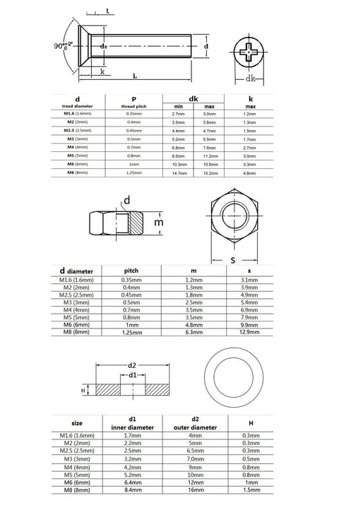 Technical diagrams and size chart of All In One Pro Grade Stainless Steel Screw And Nut Kit M1.6 Through M8 Phillips Flat Countersunk