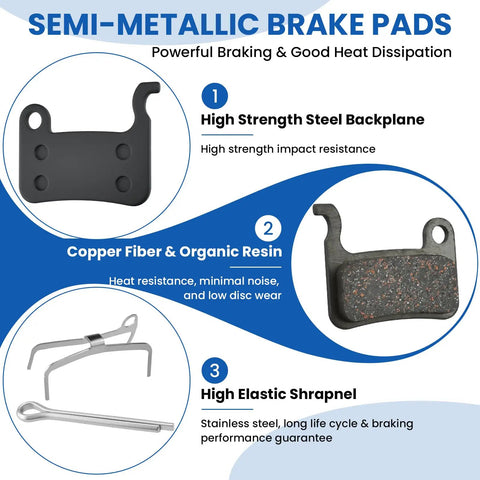 4 Pairs Bike Disc Brake Pads With Installation Toolkit, showing copper fiber organic resin pads and tools, heat resistant, low disc wear.