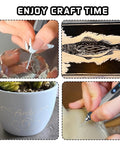 Four uses of Upgraded 21000 RPM Cordless Engraving Pen Kit for glass, wood, pottery, and stone with engraved designs.