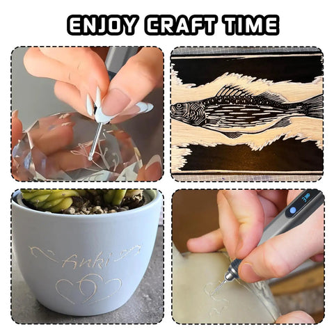 Four uses of Upgraded 21000 RPM Cordless Engraving Pen Kit for glass, wood, pottery, and stone with engraved designs.