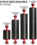 Red 10-Inch Carbon Fiber Underwater Float Arm 2-Pack Ultralight Buoyancy System with multiple size options shown, including 5, 8, 10, and 12-inch models with weights.