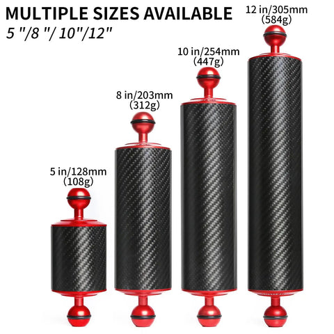 Red 10-Inch Carbon Fiber Underwater Float Arm 2-Pack Ultralight Buoyancy System with multiple size options shown, including 5, 8, 10, and 12-inch models with weights.
