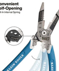 Heavy-Duty Wire Stripper With Slim-Forged Design, Self-Opening Pliers detail showing built-in spring and cross-hatched jaws