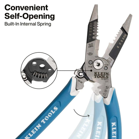 Heavy-Duty Wire Stripper With Slim-Forged Design, Self-Opening Pliers detail showing built-in spring and cross-hatched jaws