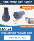 Heavy Duty Waterproof Wire Connectors 6-22 AWG Large Pack Landscape Lighting Irrigation Valves Outdoor Speakers And LED Fixtures Silicone Filled Easy Seal Boss Grade 600V Max Weatherproof Electrical Caps Pack Of 100, large size connector with dimensions.