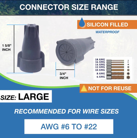 Heavy Duty Waterproof Wire Connectors 6-22 AWG Large Pack Landscape Lighting Irrigation Valves Outdoor Speakers And LED Fixtures Silicone Filled Easy Seal Boss Grade 600V Max Weatherproof Electrical Caps Pack Of 100, large size connector with dimensions.