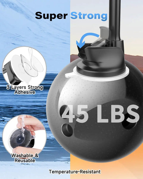 Heavy Duty Universal Car Truck Phone Mount With Rock Solid 14 Inch Gooseneck Long Arm No Fuss Quick Release Button close-up showing adhesive base and arm.