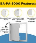 4X6 Inch Flush Access Panel For Drywall And Ceilings Crafted From Heavy Duty High Impact Styrene With UV Stabilizers showing concealed features.