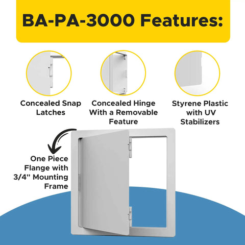 4X6 Inch Flush Access Panel For Drywall And Ceilings Crafted From Heavy Duty High Impact Styrene With UV Stabilizers showing concealed features.