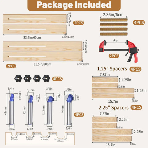 Slick Adjustable Juice Groove Router Jig With 8 Spacers And Four 1/4 Inch Shank Bits components diagram showing package contents.