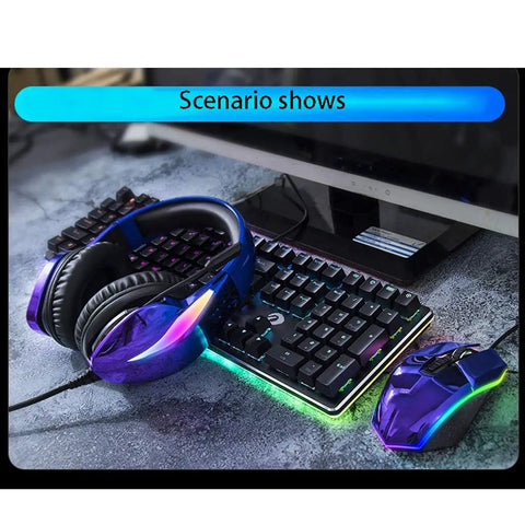 Game Ready Led Wired Mechanical Keyboard And Mouse Combo With Multimedia Keys Solid Aluminum Base 104 Layout Dual Color Caps High DPI Mouse shown on desk with RGB backlighting.