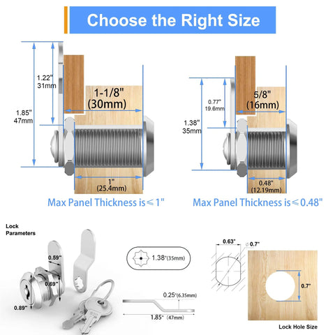Diagram showing dimensions for 5 Pack Keyed Alike Cabinet Locks With Keys Five Eighth Inch Upgraded Thickened Cylinders Ten Keys System
