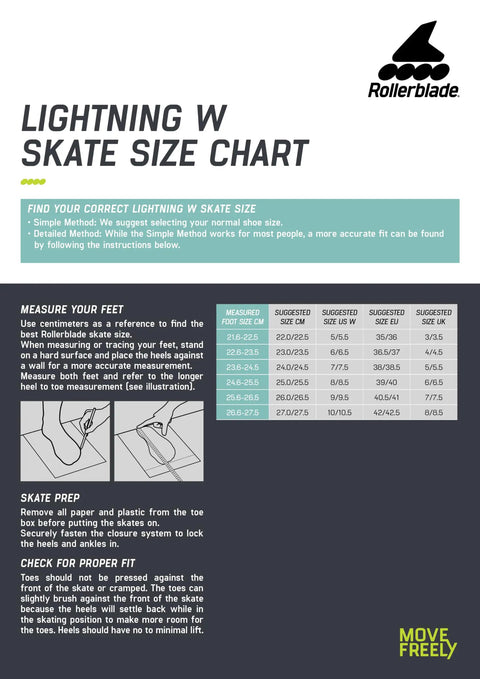 Rollerblade Lightning W skate size chart with foot measurement instructions and size recommendations.