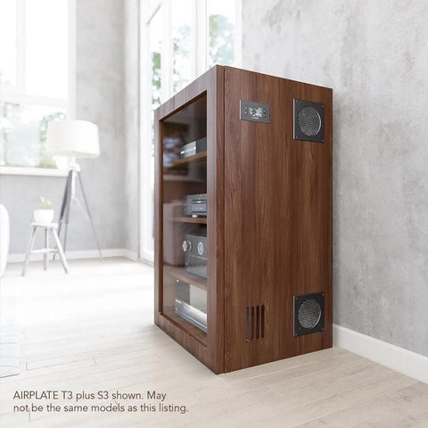 AirPlate T3 Crazy Quiet 6 Inch Cooling Fan System installed in a wooden AV cabinet with digital temperature readout