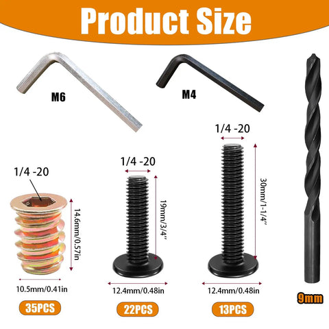 Woodworking Gear Kit With 35 1/4-20 Threaded Inserts, 22 1/4-20 X 3/4 Inch Bolts, 13 1/4-20 X 1-1/4 Inch Bolts, drill bit and wrench sizes