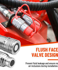 Close-up of silver 1/2-inch ISO 16028 flat-face hydraulic quick-connect coupler with red protective cap on red machinery
