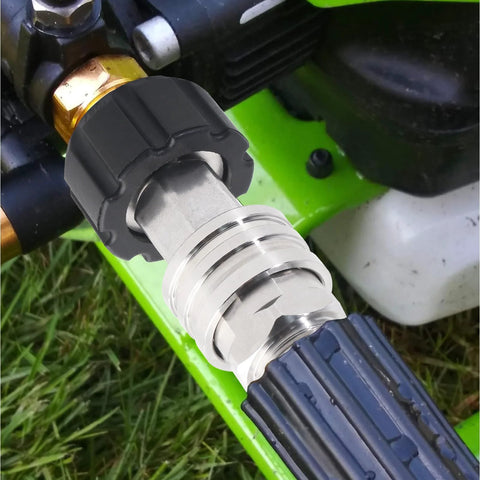 Aezpc pressure washer quick-connect adapter; stainless steel fittings with gray collar and black knob
