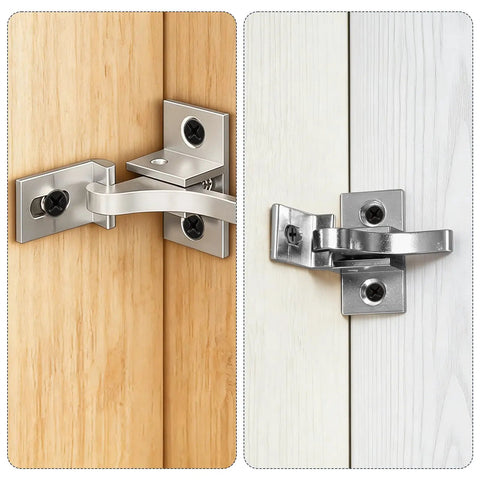 10 Pack Beefy Brass Heavy Duty Cabinet Door Latches With Mounting Screws, installed on wooden doors, side by side view