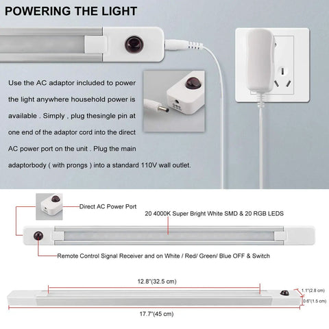 Under Cabinet Lighting With Remote, Color Changing RGB LED Light Bar, Plug In Backlight showing AC adaptor and dimensions