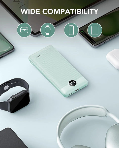 All In One 10000mAh Portable Charger With Built In Micro USB And Type C Cables And AC Wall Plug USB C Power Bank For Phones And Tablets displayed on a desk with various devices.