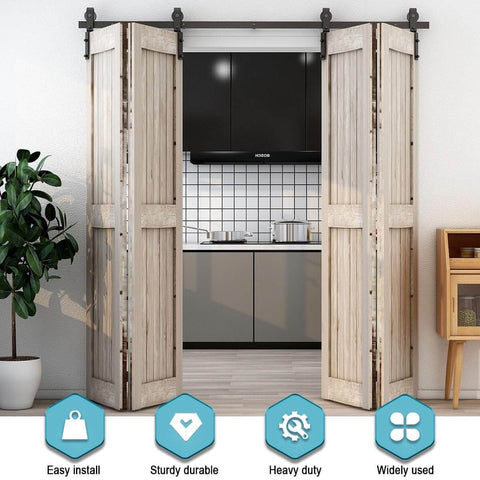 72 Inch Bi Fold Sliding Barn Door Hardware Kit For Four Doors Fit 68 Inch Opening Squeak Free Smooth And Quiet Operation Easy To Install No Door Panel Included J Shape Hangers Space Saving Modern Farmhouse Style installed view showing wooden doors in kitchen setting.