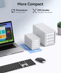 Kickass 2.5 Inch 4 Bay Raid Enclosure Featuring Usb 3.2 Gen 2 Ports shown next to laptop, showcasing compact design and dimensions.