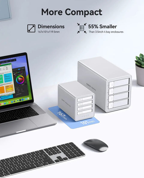 Kickass 2.5 Inch 4 Bay Raid Enclosure Featuring Usb 3.2 Gen 2 Ports shown next to laptop, showcasing compact design and dimensions.