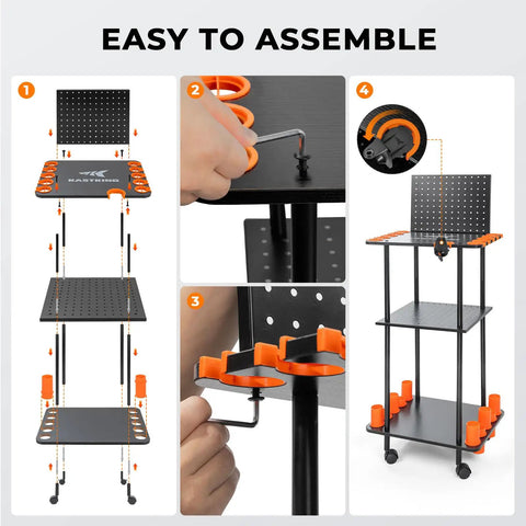 Assembly steps of Indoor Fishing Rod Holder Trolley With 3 Tier Shelves And Peg Wall, Locking Wheels, and built-in spooler.