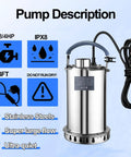 Beast Submersible Sump Pump With Three Quarter HP PSC Motor, Stainless Steel, Portable, 3500 GPH, product description image.