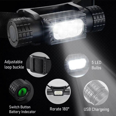 Rechargeable LED Headlamp 1200 Lumen Ultra Bright Hard Hat Light With 7 Modes, adjustable buckle, 5 LED bulbs, USB charging