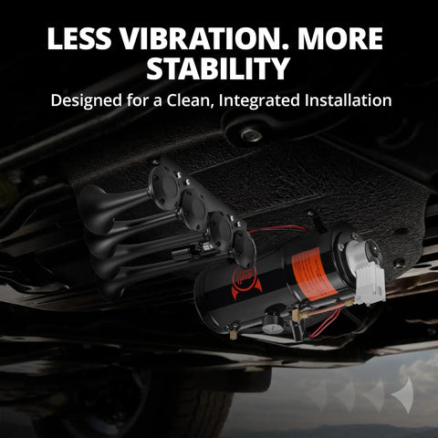 Heavy Duty 12V Train Horn Kit With Direct Wire Parallel 4 Trumpet Design Including 3L Air Tank And 120 Psi Compressor viewed from underneath vehicle, highlighting stability and installation.