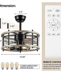 Industrial Farmhouse Ceiling Fan With Smooth Wood Blades Built In Light Wireless Remote Vintage Cage Design dimensions and remote control.