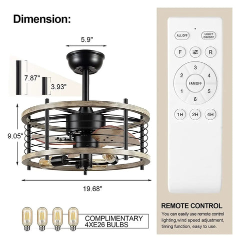 Industrial Farmhouse Ceiling Fan With Smooth Wood Blades Built In Light Wireless Remote Vintage Cage Design dimensions and remote control.