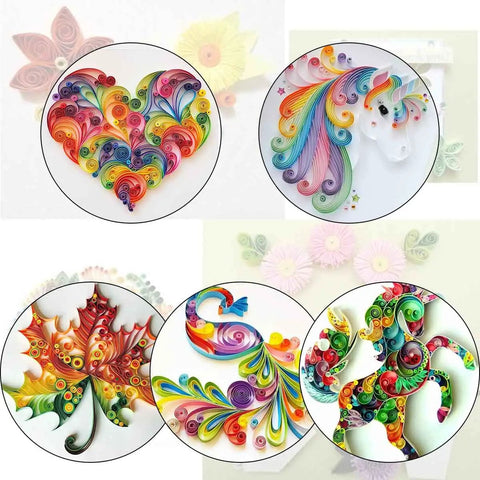 Colorful paper art made with a 12 Piece Slotted Quilling Tool Set for Paper Crafting, showing heart, unicorn, leaves, and peacock designs.