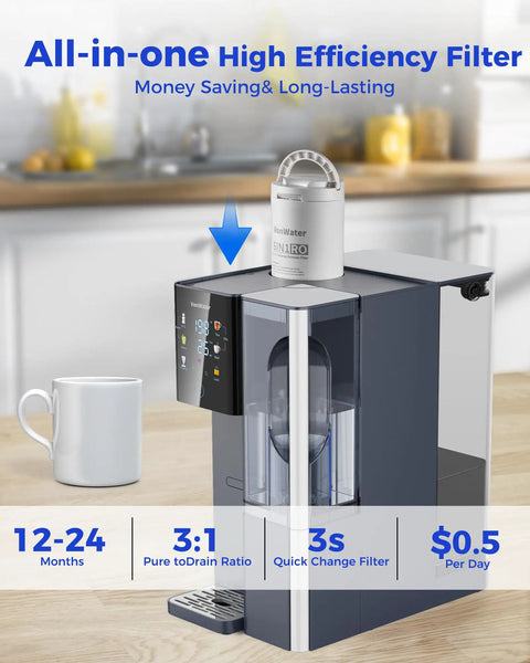 Compact Countertop Instant Hot And Cold Water Dispenser Featuring Premium Reverse Osmosis Filtration And A Slick Built In Tea Infuser For No Sweat Fresh Brews Whenever You Need A Quick Sip with a high efficiency filter on kitchen counter.