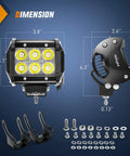 2 Pack 18W LED Pods dimensions with hardware, includes measurements for off-road lights for trucks, vans, campers, SUVs, ATVs, boats
