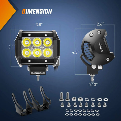 2 Pack 18W LED Pods dimensions with hardware, includes measurements for off-road lights for trucks, vans, campers, SUVs, ATVs, boats