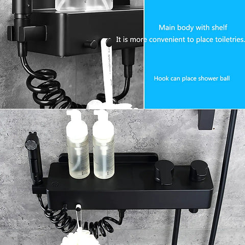 MXJIAYDNX Rain Shower System Black Shower Faucet Set Brass Shower Combo Set with shelf for toiletries and shower accessories.