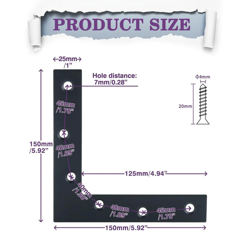 Product size diagram for Beefy Flat L Brackets For Wood Furniture 6x6 Inch Stainless Steel Mending Plates Matte Black Finish