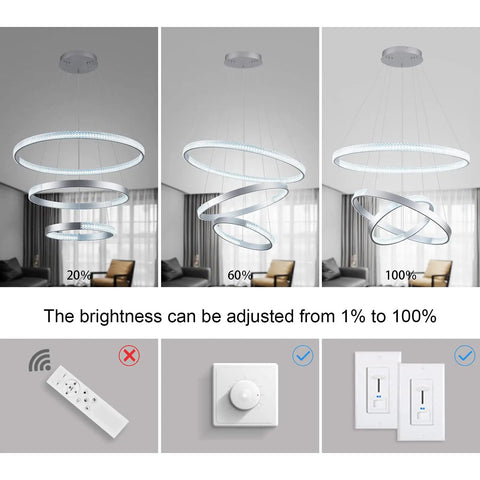 Brightness adjustment for Lit Modern LED Ceiling Chandelier With Acrylic Crystal Pendant, 3 ring design, various settings shown