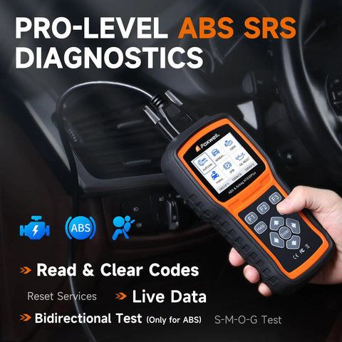 Hand holding NT630 Plus OBD2 Scanner With ABS And SRS Bi Directional Diagnostic Tool For Cars, showing pro-level diagnostics screen.