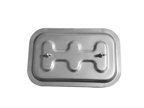 Front view of a 10x6 inch metal duct access door for high-temperature grease ducts, with two wing-nut fasteners.