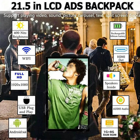 High Quality Premium 21.5 Inch Advertising Lcd Backpack with Full HD display for mobile promotions in urban environment.