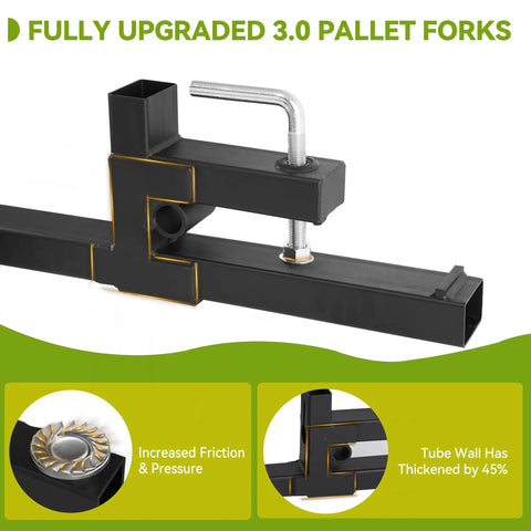 Close-up of 43 Inch Clamp On Pallet Forks For Tractor Bucket, Heavy Duty 2000Lb Quick Attach, showing thickened tubes and screw design