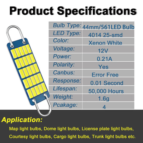 561 LED Festoon Bulbs 44mm Pack Of 4 Super Bright White Interior Map Dome Courtesy Lights For Cars 12V Plug And Play Replacement